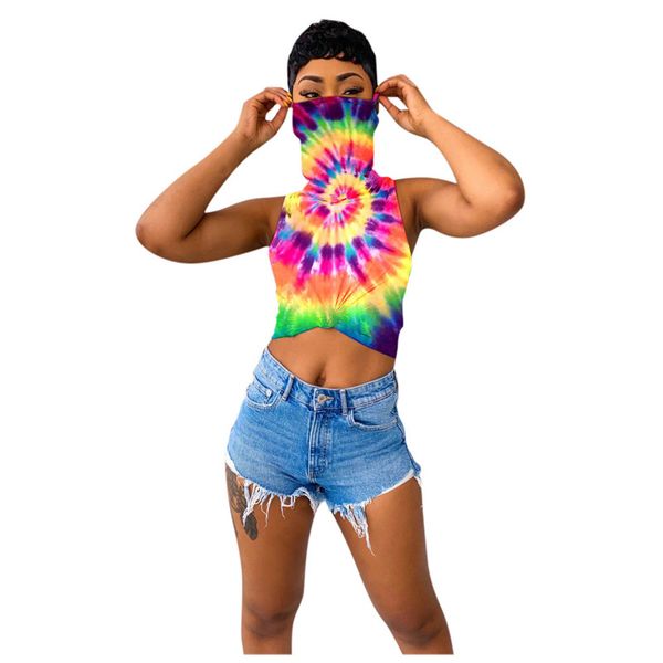 

new arrival women t shirt trendy tie-dye floral printed vest sleeveless t-shirt tees with face mask crop summer lady clothing d6905, White
