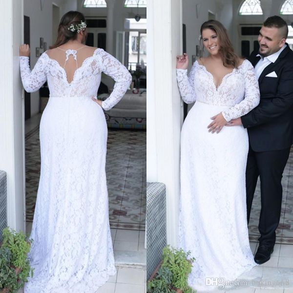 

Vintage Lace Plus Size Wedding Dresses 2019 Plunging V Neck A Line New Long Sleeves Bridal Gowns Vestido De Novia Country Wedding Gowns