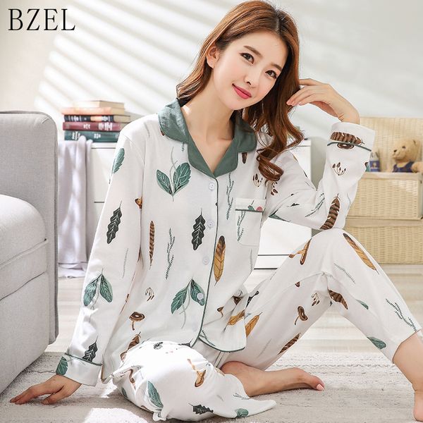 

bzel long sleeve pajamas sets cotton sleepwear turn-down collar sleep lounge lingerie cute underwear pyjamas women pijama femme, Blue;gray