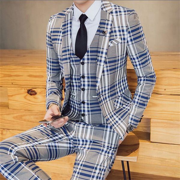 

men's suit set of 3 sets, striped plaid slim suit jacket, fashion business professional banquet wedding dress, White;black
