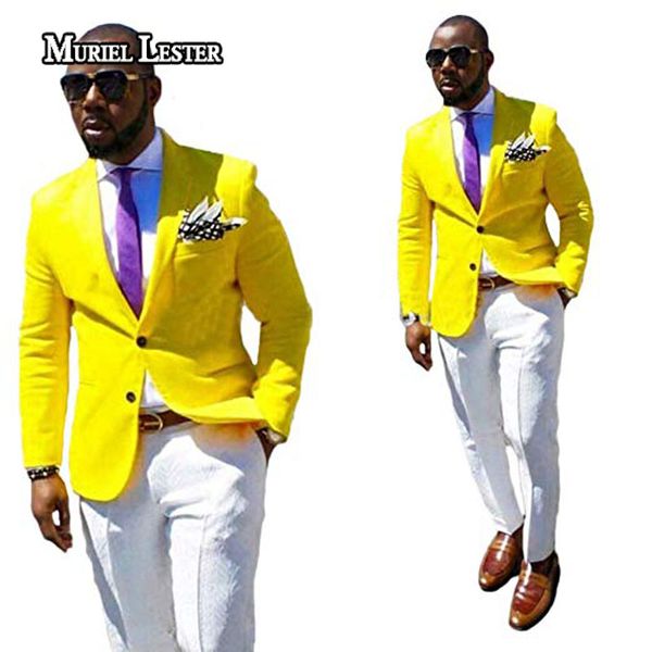 

muriel lester men's yellow jacket white pants wedding suits 2 pieces business suits groom tuxedos casual dinner prom suit 2018, White;black