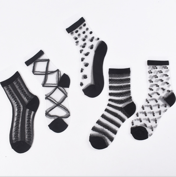 

spring and summer new ladies boat socks personality marine series card silk female socks glass stockings, Black;white