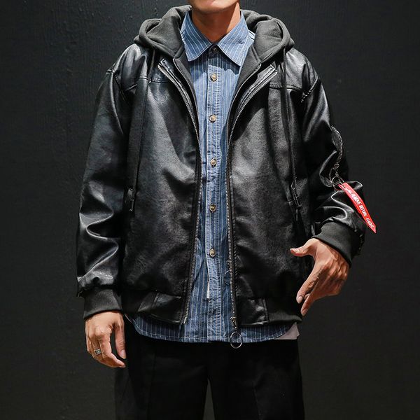 

mens leather jacket hooded casual coat faux leather men clothing, Black