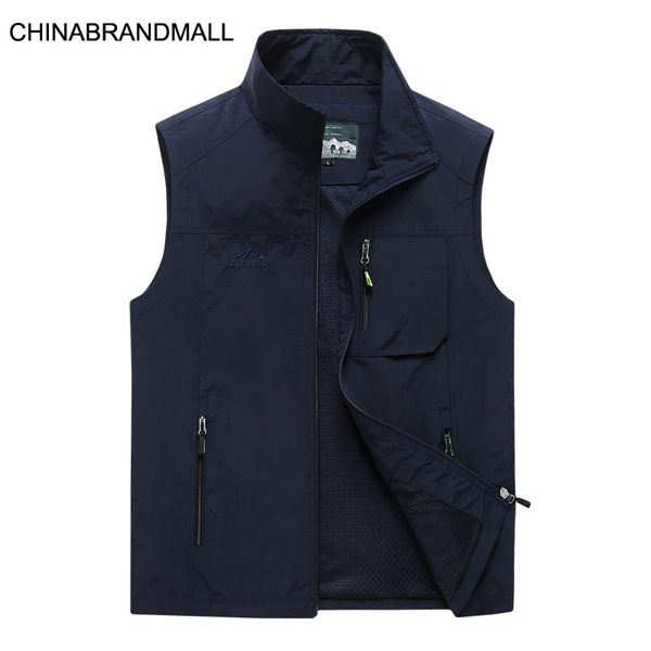 

autumn men pgraphy waistcoat leisure li collar solid color waistcoat outdoor sleeveless zipper fishing horse clip dad vest, Black;white