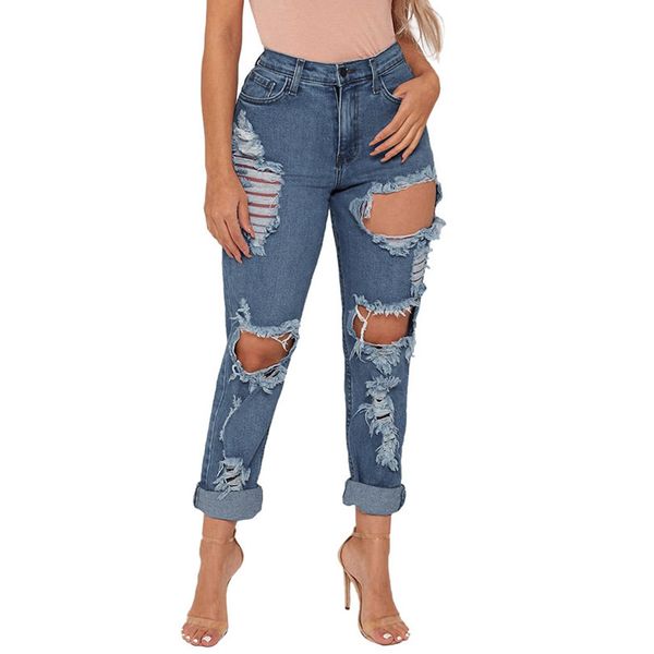 

ripped jeans streetwear high waist denim woman jeans loose pencil pants ladies vacation blue color holes #4