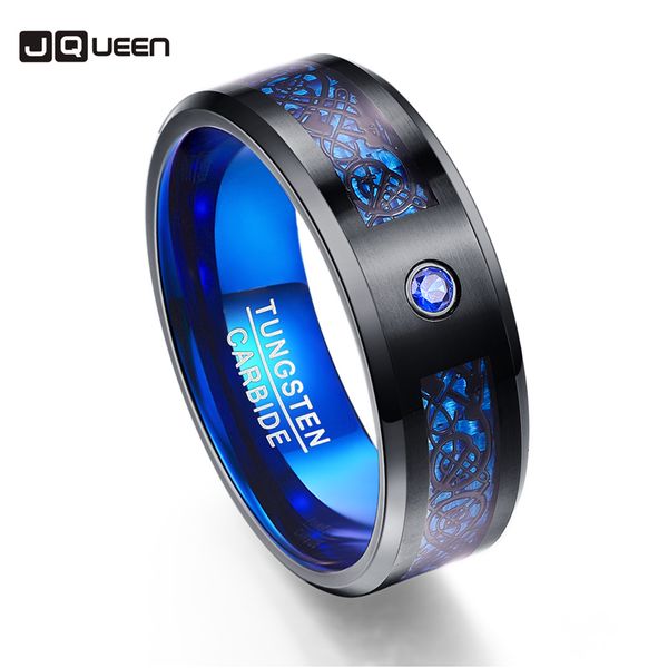 

favourite carbon fiber exquisite blue zircon tungsten carbide men rings anillos black dragon pattern, Golden;silver
