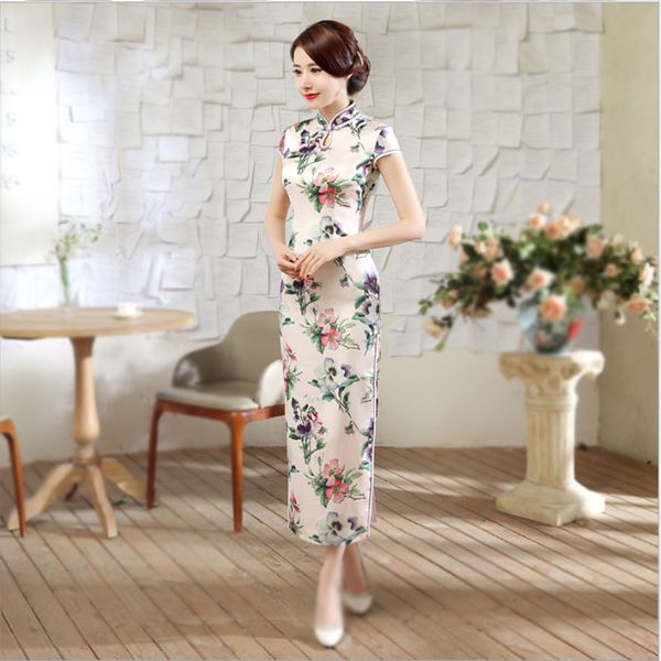 

women's chinese style improved long cheongsam daily banquet silks satins evening dress short sleeve ankle length long chi-pao, Red