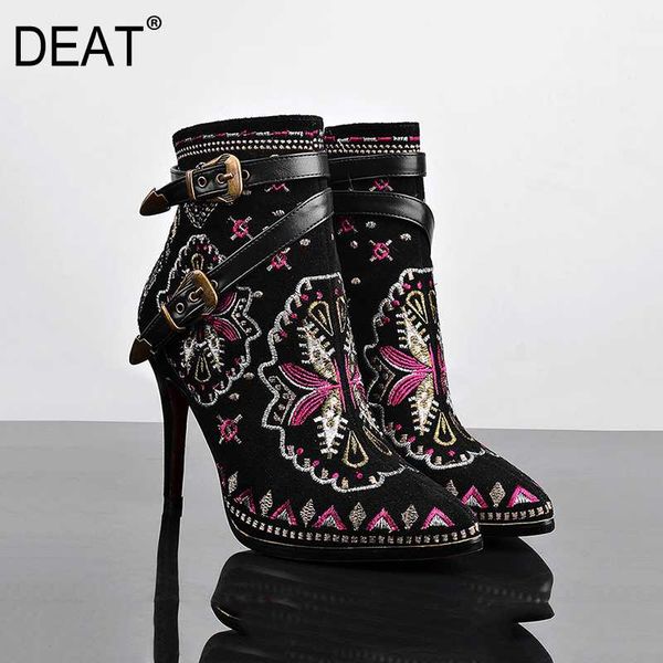 

deat] 2020 sharp toe double belt buckle embroidery genuine leather single women thin heels boots new spring summer tide 10h729, Black