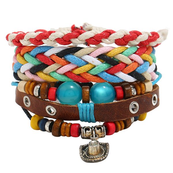 

vintage twine woven bracelet diy three-piece combination bracelet ladies beaded leather bracelets, Black