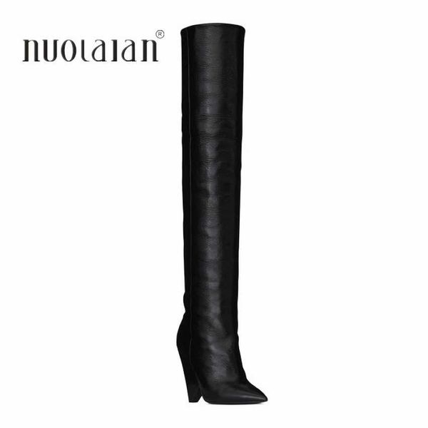

brand winter women boots long fur warm leather thigh high boots fashion over the knee motorcycle high heels shoes woman, Black