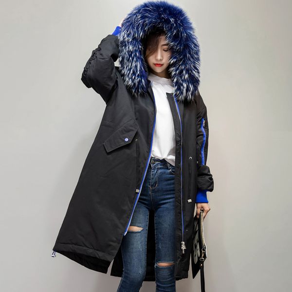 

winter jacket women 2018 real raccoon fur collar female long down parka warm hood white duck down jacket loose coat, Black