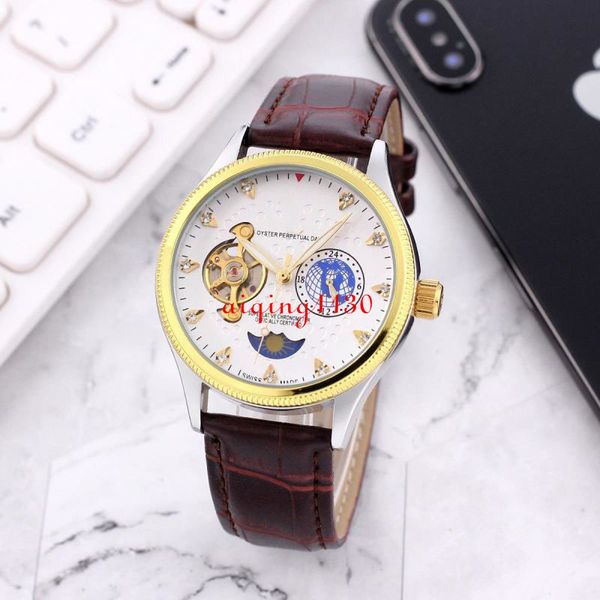 

chronograph mens watch hollow automatic montre de luxe skeleton dial designer watches oyster leather strap wristwatch, Slivery;brown