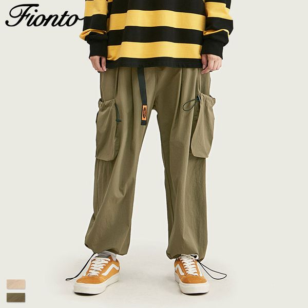 

fionto men's wear fall 2019 new fashion brand pure three-dimensional pocket rope pulling tie-up men's casual windbreaker pants, Black