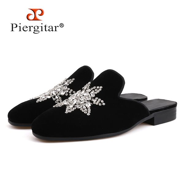 

piergitar handmade men velvet slippers with crystal fashion party half designs men's dress shoes plus sizes smoking slippers, Black