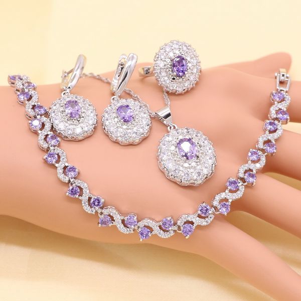 

purple cubic zirconia white crystal silver color bridal jewelry sets for women necklace pendant earrings rings bracelet
