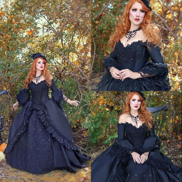Romantik Siyah Gelinlik, Off The Omuz Dantel Vintage Gotik Gelin Giydirme Aplikler Boncuk vestidos de Novia Boho Gelinlikler