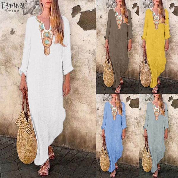 

2020 dress women printed long sleeve u-neck maxi dress split hem baggy kaftan long dress robe femme vestidos plus size, Black;gray