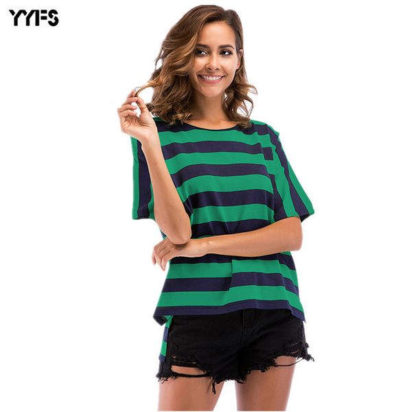 

женская дизайнерская полосатая свободная футболка большого размера с круглым вырезом и коротким рукавом topn78o, White