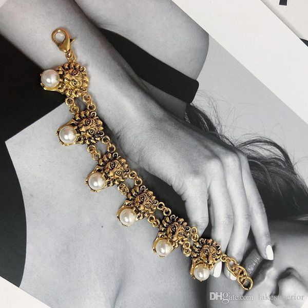 

vintage lion head chain bracelet women pearl animal lion head bracelet for gift party fashion jewelry accessories high quality, Black