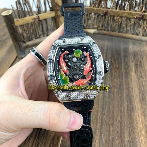 

limited edition rm 57-01 3d koi totem dial japan miyota automatic rm57-01 mens watch diamond case leather band sport luxury designer watches, Slivery;brown