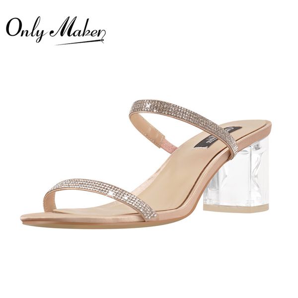 

onlymaker women's rhinestone strap artificial diamond slip on block chunky perspex high heels sandals for summer, Black
