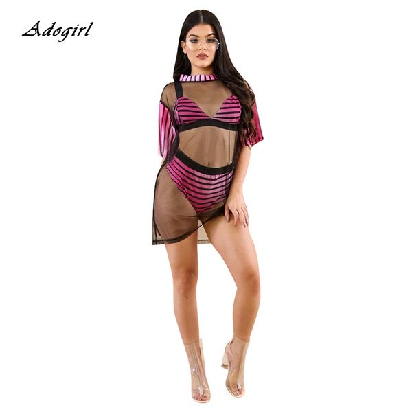 

new striped bikini set women swimming suit with beach cover up fashion swim 3 piece swimwear bathing suit female biquini, White