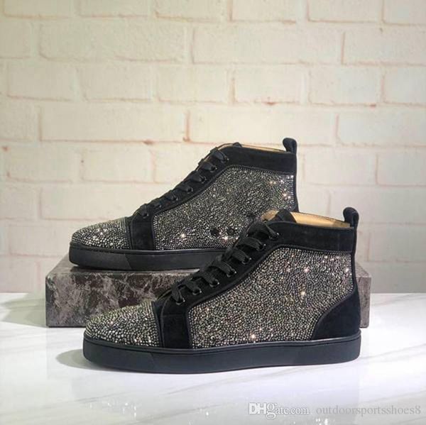 

new luxury designer red bottom shoes men flat red sole shoes high-sneaker lace-up suede black rhinestone strass casual shoes