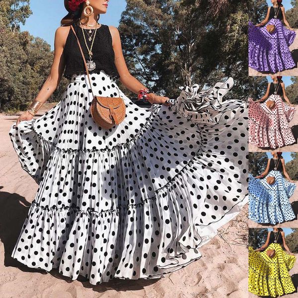 

2019 new wild skirt for women fashion high waist polka dot printed skirt loose ruffled pleated long maxi jupe femme 42, Black