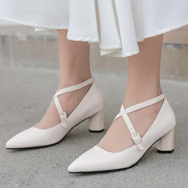 

sarairis 2020 new fashion plus size 48 square heels office pumps woman shoes pointed toe buckle strap shoes women pumps, Black