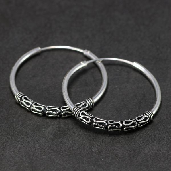 

genuine 925 sterling silver women earrings with peace lines 30mm big circle hoop earring retro thai silver fashion brincos 2019, Golden;silver