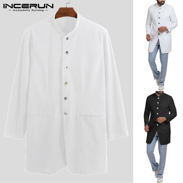 

incerun men stand collar button jackets solid color 2019 autumn long sleeve business brand long fashion jackets 5xl, Black;brown