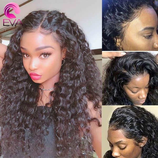 

eva pre plucked 180% 360 lace frontal human hair wigs bleached knots brazilian remy curly hair wigs with baby for women, Black;brown