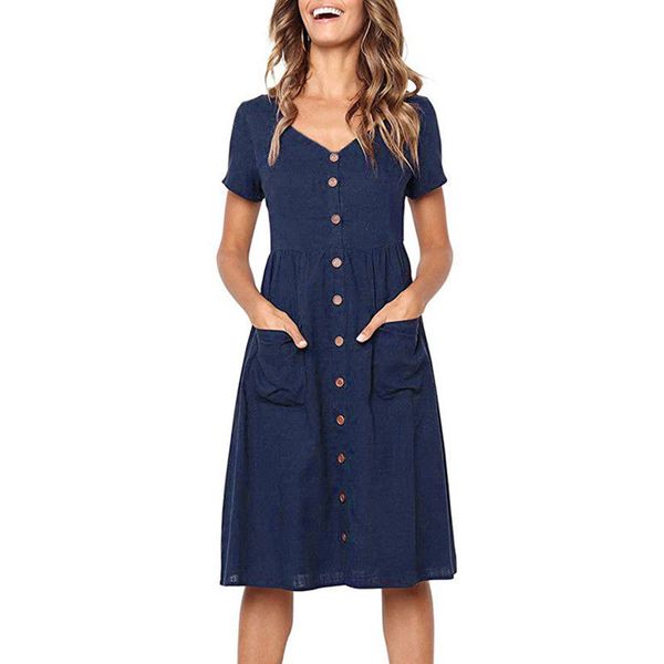 

Womens Holiday Summer Beach Solid short Sleeve Buttons Party Dress Ladies Casual Fashion Elegant V-neck Female 2019 #121