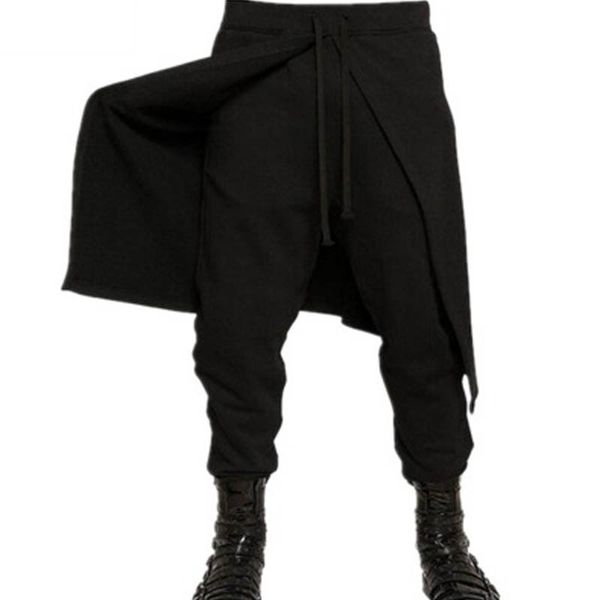 

2019 incerun men elastic waist casual long harlan pants baggy solid lace-up patchwork black long trousers pantalon plus size