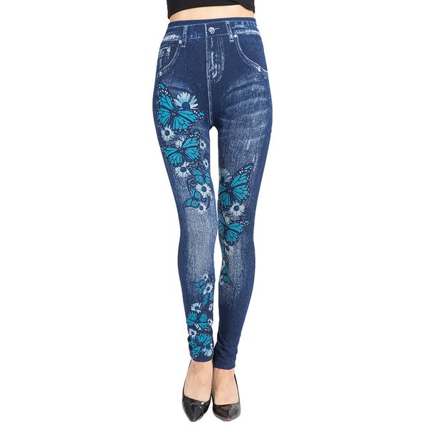 

2019 women new fashion classic stretchy slim leggings imitation jean skinny jeggings butterfly print pants bottoms, Black