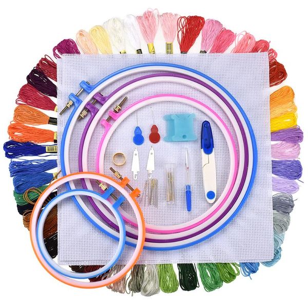 

50 100 colors embroidery threads sets sewing embroidery circle needles hoops kits cross stitch diy knitting tools for beginner, Black