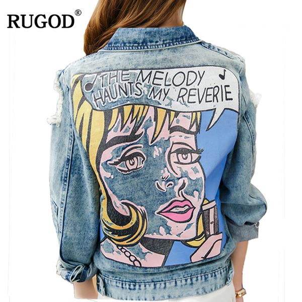 

2018 vintage funny print jean jacket women ripped hole long sleeve bomber jackets casual spring autumn short denim jacket, Black;brown