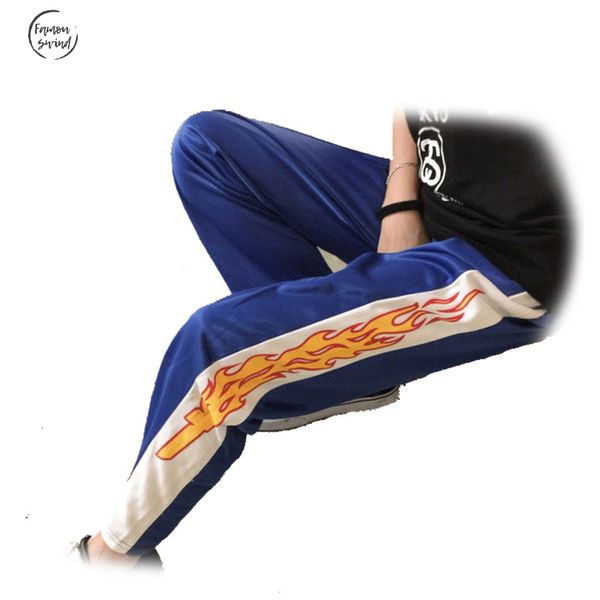 

korea pants design novelty and flame print harajuku casual straight women men elastic waist hip hop pants, Black;white