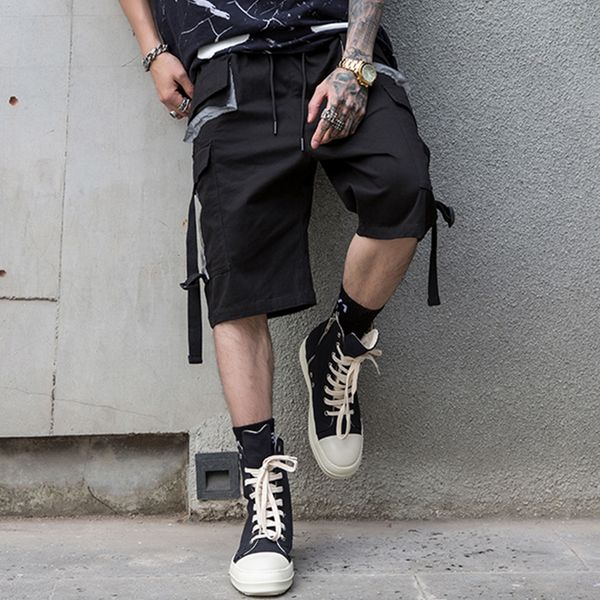 

3m reflective stripe buckle straps cargo oversized shorts streetwear hip hop 2019 men casual baggy shorts fashion male, White;black