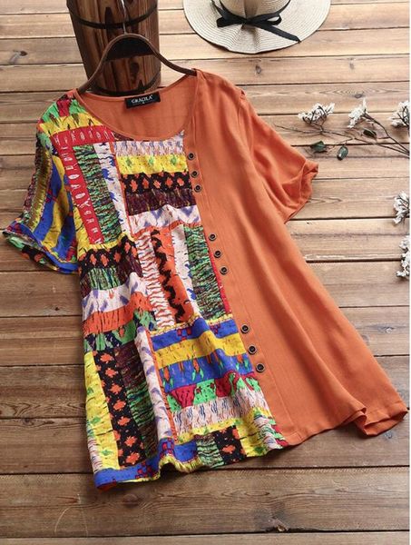 

fashion short sleeve women blouse kaftan baggy button cotton linen casual tunic blouse mix-color summer woman, White