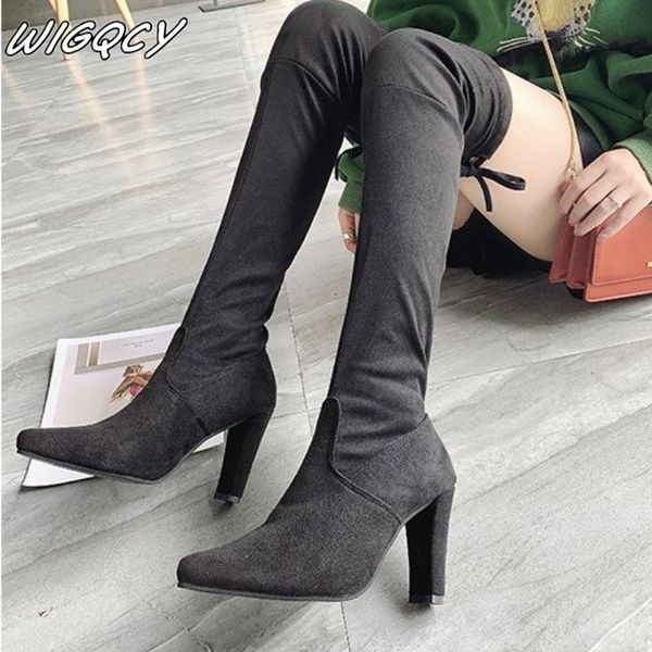 

2019 boots female autumn winter new women high-heeled knee boots were thin plus velvet pointed suede thick with long, Black