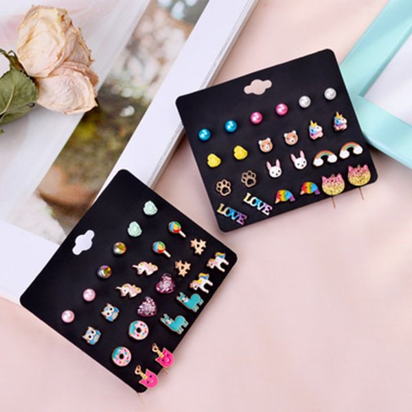

24pairs stud earrings cartoon animal unicorn bear rabbit womens post jewelry, Golden