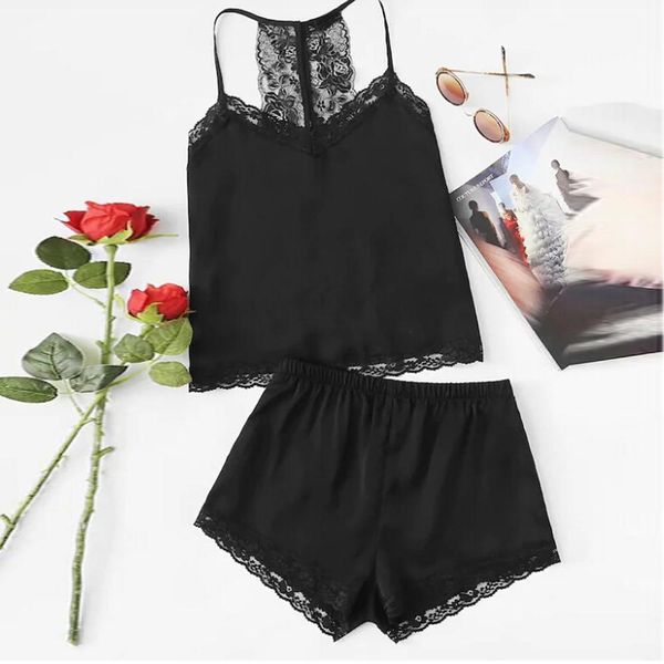 

women pajamas lace silk satin pajamas 2019 summer new style lingerie women spaghetti strap sleeveless nightwear #0803, Black;red