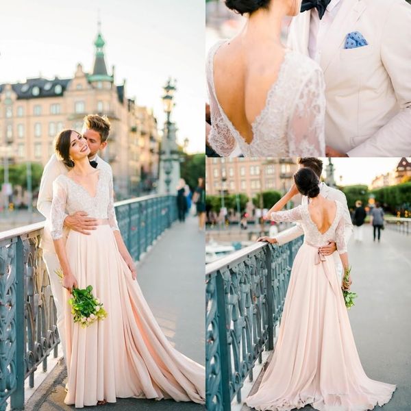 

2019 new arrival a line wedding dresses summer beach 1/2 sleeve lace v neck open back sweep train plus size bridal gowns, White