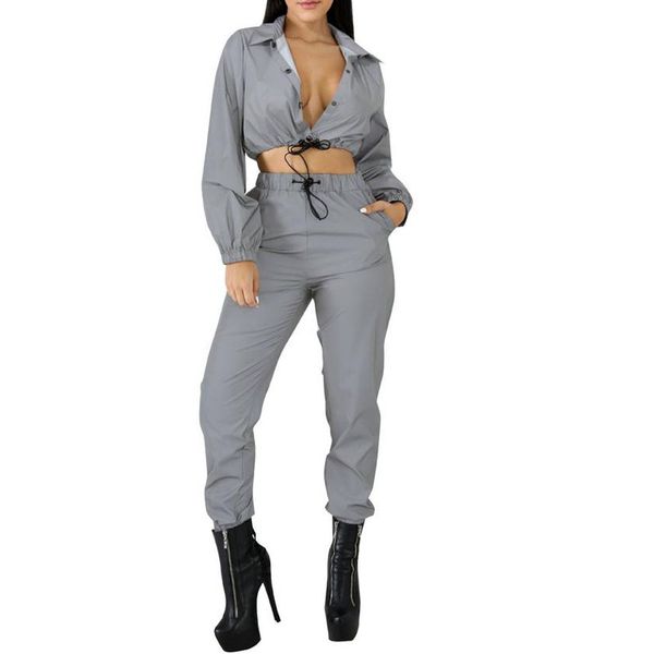 

women crop pants sets two piece jumpsuit playsuit casual reflective outfits, White