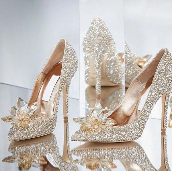 

grade cinderella crystal shoes luxury bridal rhinestone wedding shoes with flower genuine leather party prom shoes plus size, Black