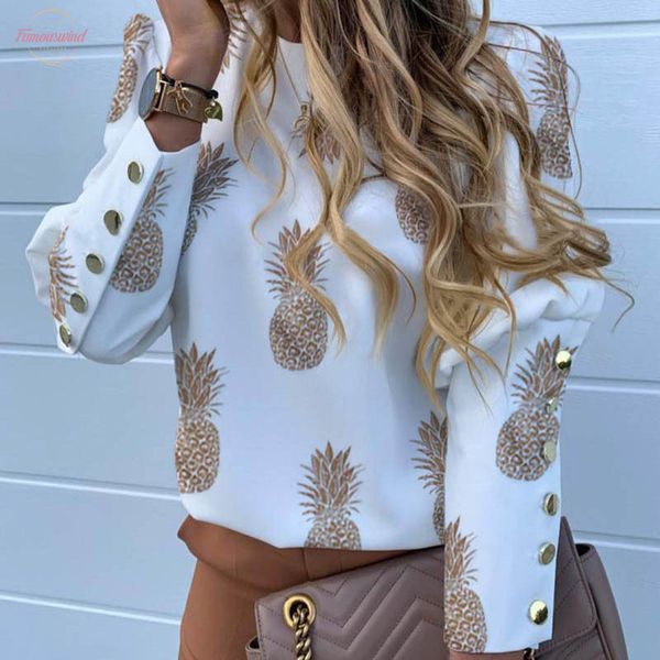 

pineapple letter blouse shirt womens back button long sleeve blouses womens and blouse puff sleeve female, White