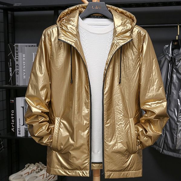 

men's down & parkas men winter jacket golden patent leather zipper pure color hoodie thickened cotton padded coat casacos, Black