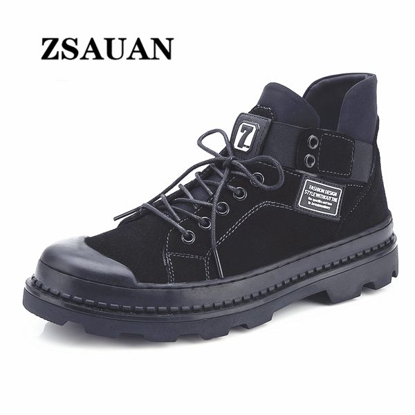 

zsauan new arrival men boots leather trend ankle boots men vintage lace-up elevator platform casual, Black