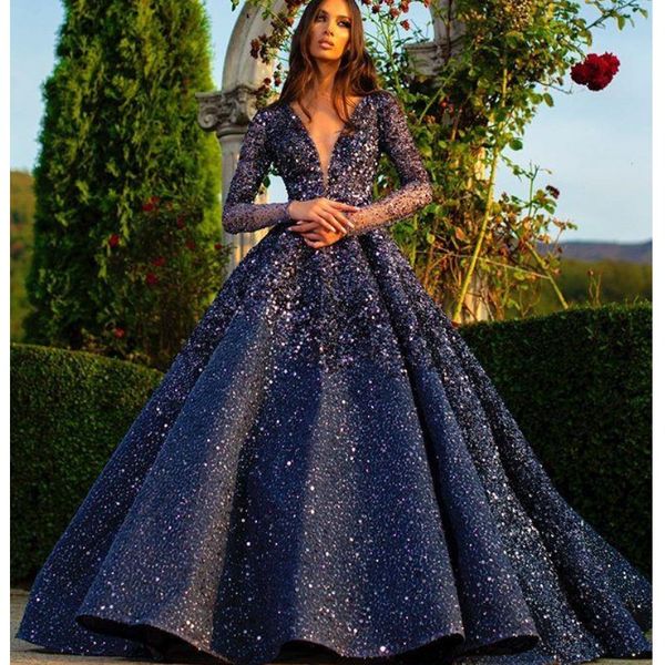 

shinny sequined evening dresses with deep v neck long sleeves prom dress puffy custom made celebrity pageant gowns robe de soiree, Black;red